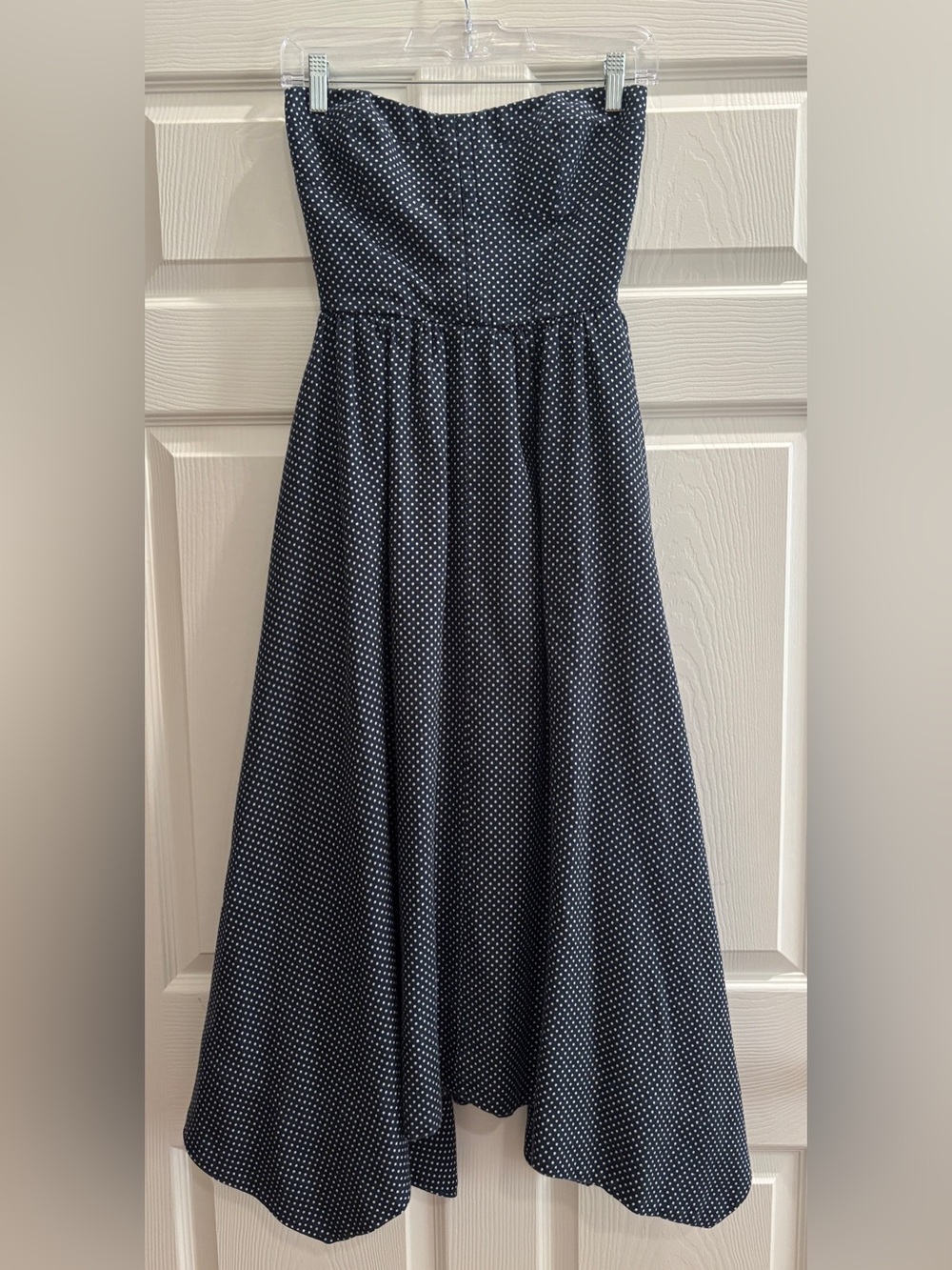 Reformation Navy and White Polka Dot Strapless Dress